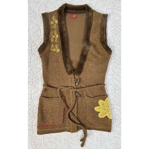 VTG Y2K Coline Floral Embroidered Faux Fur Trim Belted Knit Cardigan / Small